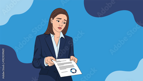 Concerned businesswoman in a dark professional suit looking down at a financial report on a blue background.
