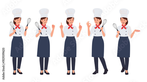 Various poses and expressions of a female chef in a professional uniform holding kitchen tools for culinary themes.