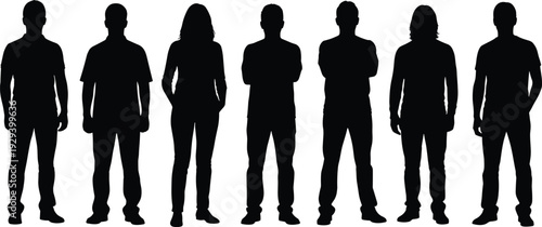 Large collection of diverse people silhouettes, men and women walking and standing, business group gesturing, shaking hands, pointing, urban community set, isolated vector shapes.