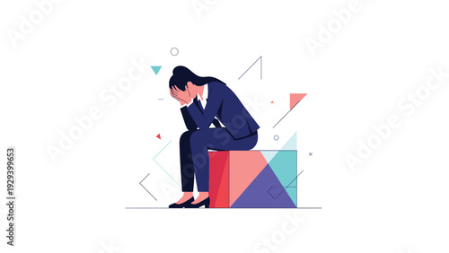 Overwhelmed businesswoman sitting on a geometric block and burying her face in her hands from stress and fatigue.