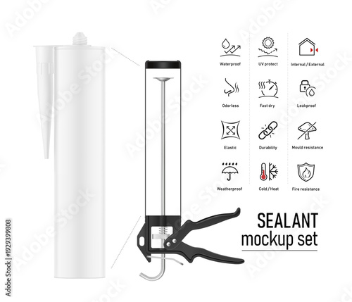 Skeleton sealant gun for caulks cartridge mockup with set icons. Vector illustration isolated on white background. Can be use for template your design, presentation, promo, ad. EPS10.