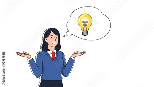 Smiling schoolgirl in a blue sweater and red tie with a bright yellow lightbulb inside a thought bubble representing a new idea or insight.