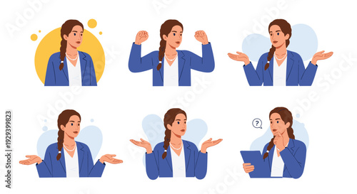 Professional woman in a blue blazer with long braided hair shown in six different poses illustrating various business expressions and gestures.