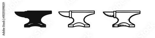 Blacksmith's anvil icon set in solid, outline, and hand-drawn sketch styles. Vector illustration for metallurgy, workshop, and strength concepts.
