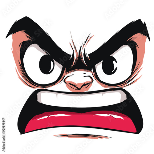 Cartoon illustration of an angry face with intense expression, isolated on white background.