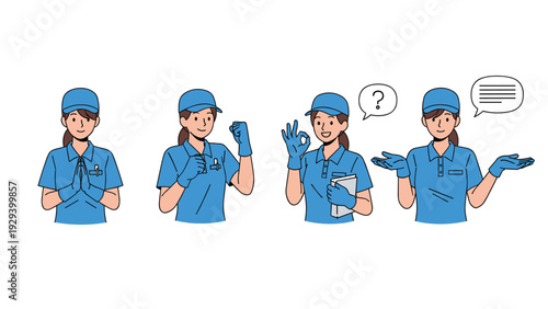 Female service worker in a blue cap and uniform with gloves shown in four different poses including praying, fist pump, and okay sign.