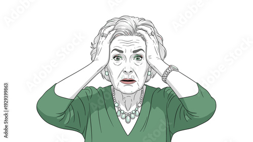 Concerned elderly woman with gray hair wearing a green dress and jewelry holding her head in a gesture of stress, shock, or headache.
