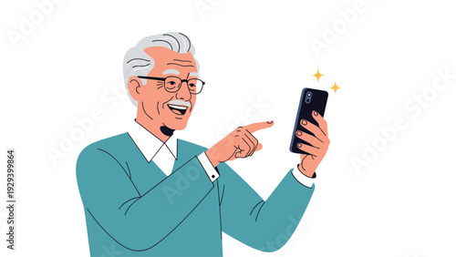 Happy senior man with gray hair and glasses smiling while pointing at a glowing smartphone screen with excitement and joy.