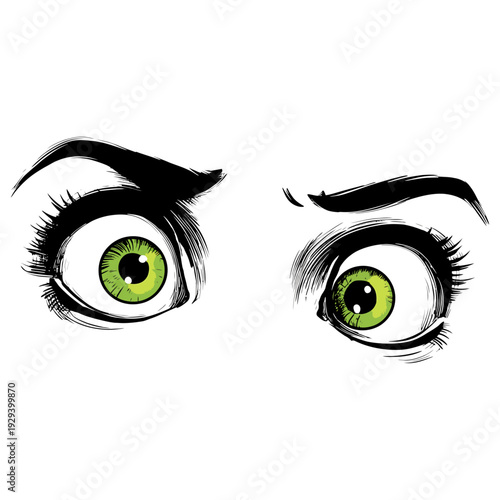 фотографія Cartoon illustration of expressive green eyes, wide-eyed look, graphic character design isolated on white background