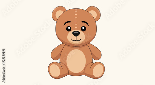 Cute cartoon brown teddy bear with stitched face and body.