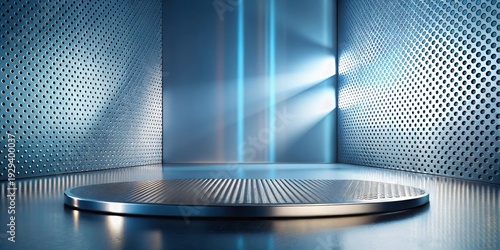 Modern Metallic Platform Display in a Futuristic Room with Perforated Walls and Subtle Lighting