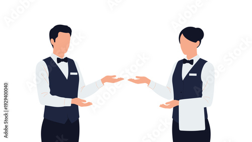 Professional male and female restaurant servers in formal vests and bow ties making welcoming hand gestures to invite or guide customers.