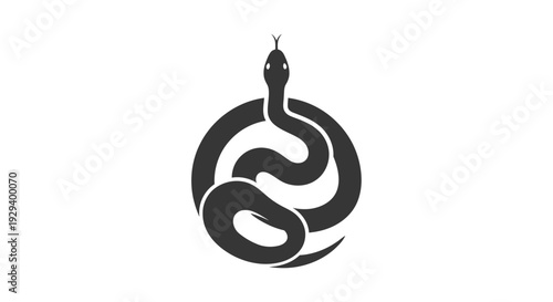 Black Snake Illustration Coiled in Circle.