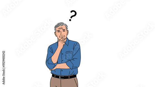 Elderly man with gray hair in a blue shirt standing in a thinking pose with a question mark above his head representing confusion or doubt.