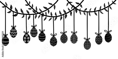 Hanging Easter egg garland with floral vines, decorative spring silhouette. Black silhouette of Easter eggs hanging on leaves branch, festive border illustration