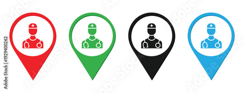 A set of doctor map pin icons. Medical map marker flat icon vector