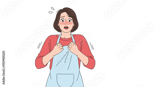 Surprised and embarrassed woman in a red sweater and light blue apron with blushing cheeks and wide eyes in a state of shock.
