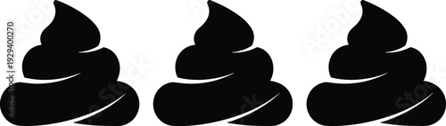 Set of three black silhouette poop icons isolated on white background for hygiene humor sanitation and bathroom web design symbols