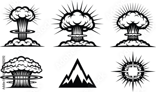 Set of black and white nuclear explosion mushroom cloud icons atomic bomb blast symbols power energy mountain and flash vectors