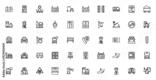 Train station icon set. Vector symbols for toilet signs, waiting room, train, ticket, map, directional signs and more. Minimalist line icons.