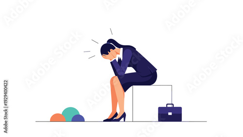 Stressed businesswoman in a dark blue suit sitting on a box with her head in her hands in a state of exhaustion, despair, or burnout.