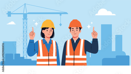 Male and female construction workers in safety gear pointing up in front of a blue construction site background with a crane.