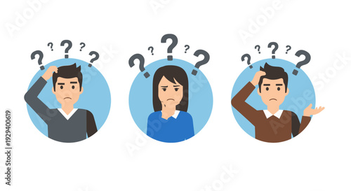 Three people confused with question marks above their heads.