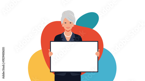 Distinguished senior woman with gray hair in a business suit holding a large horizontal blank white sign against an abstract background.