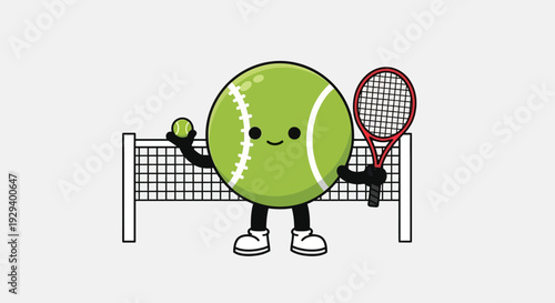 A cartoon tennis ball character holding a tennis racket and ball near a tennis net.