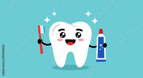 Cartoon tooth character holding toothbrush and toothpaste.