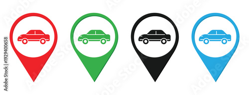 Colorful Car Location Pin Icons Set – Vehicle GPS Navigation Map Markers Vector Illustration