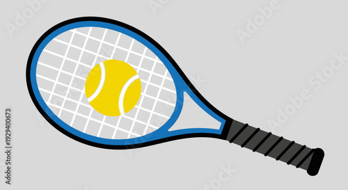 Tennis Racket with Yellow Tennis Ball on Gray Background.