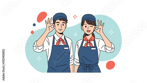 Friendly male and female service workers wearing blue aprons and caps giving okay hand signs for customer satisfaction.
