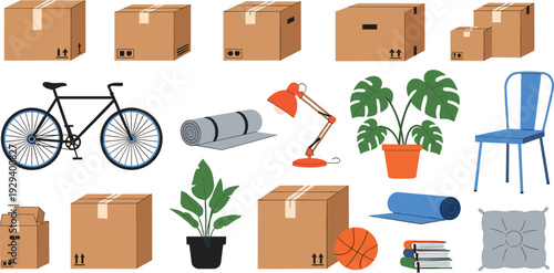 Moving House and Packing Vector Illustration Set with Cardboard Boxes, Furniture, Bicycle, Plants, Lamp, and Household Items Collection