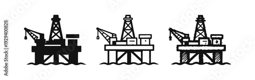 Oil drilling platform icon set in solid, outline, and hand-drawn styles, representing offshore operations.