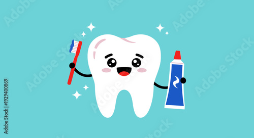 Cartoon tooth character holding toothbrush and toothpaste.