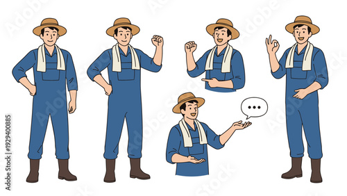 Set of various poses of a male farmer in blue overalls and a straw hat expressing different positive work emotions.