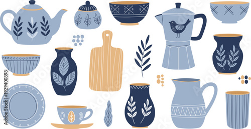 Hand-drawn Tea Set and Kitchenware Collection with Vases, Cups, and Plates for Home Decor, Kitchen Design, and Illustrations