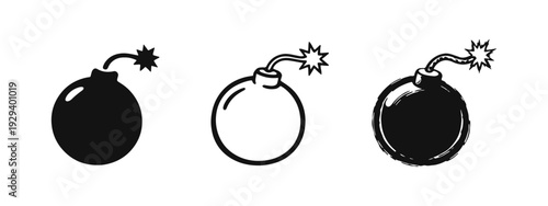 Classic cartoon bomb icon set with burning fuse in various styles, symbolizing danger or explosion.