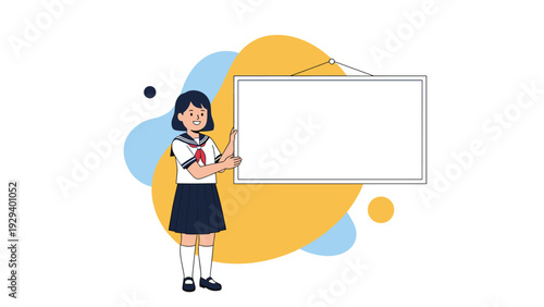 Happy schoolgirl in a sailor style uniform presenting a blank white signboard for text or educational announcements.