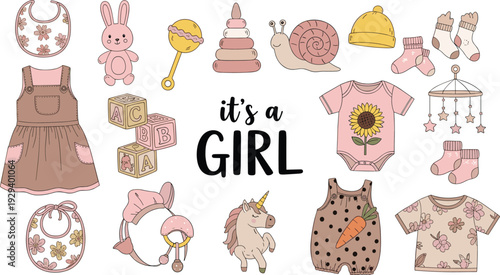 Its a Girl Baby Shower Vector Set with Cute Nursery Clothes Toys Unicorn and Pink Floral Elements