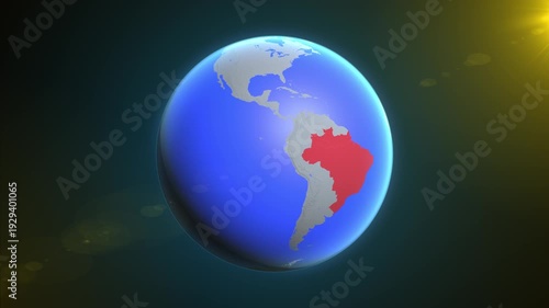 The animation shows a graphic representation of the earth and highlights the location and map of Brazil colored red.