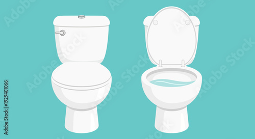 White toilet bowls with lid up and down on turquoise background.