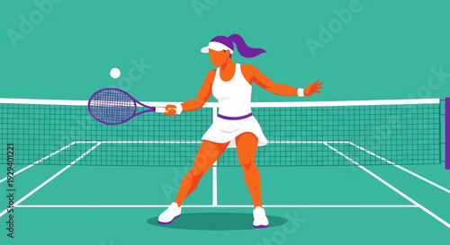 Female Tennis Player in Action on Court.