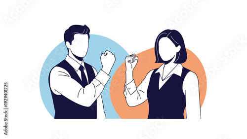 Man and woman in professional business attire stand with their fists clenched in a powerful pose representing teamwork.