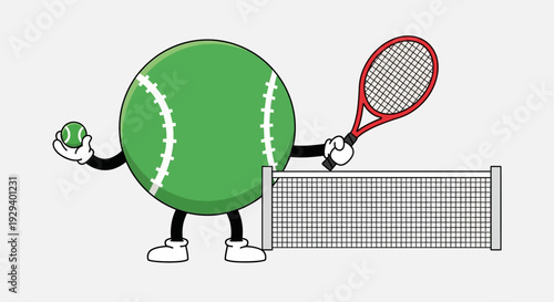 Cartoon tennis ball character holding racket and ball near net.