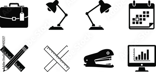 Collection of eight professional office and workspace vector icons, black silhouettes of desktop computer, vintage phone, desk lamp, and briefcase isolated on white.