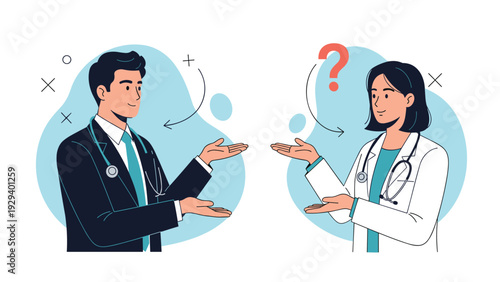 Male and female doctors wearing white coats and stethoscopes gesture toward each other with a question mark between them.