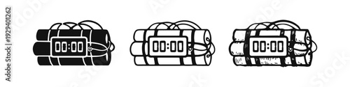 Dynamite bundle with timer icon set in solid, outline, and hand-drawn styles, for countdowns or demolition.