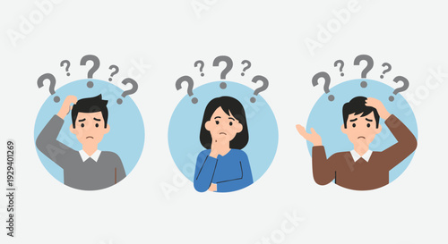 Three cartoon people puzzled with question marks above their heads.